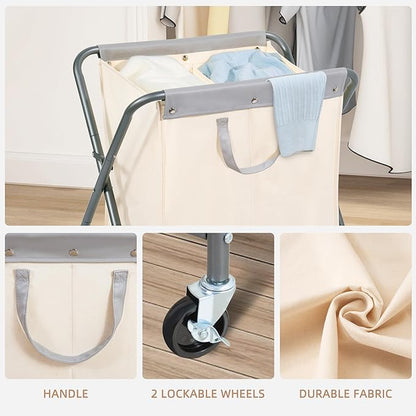 STORAGE MANIAC 125L Collapsible Laundry Hamper with Wheels, Rolling Laundry Basket, Heavy Duty Cloth Sorter with Removable Bag, Folding X Frame Clothes Organizer Cart for Easy to Store, 2 Section