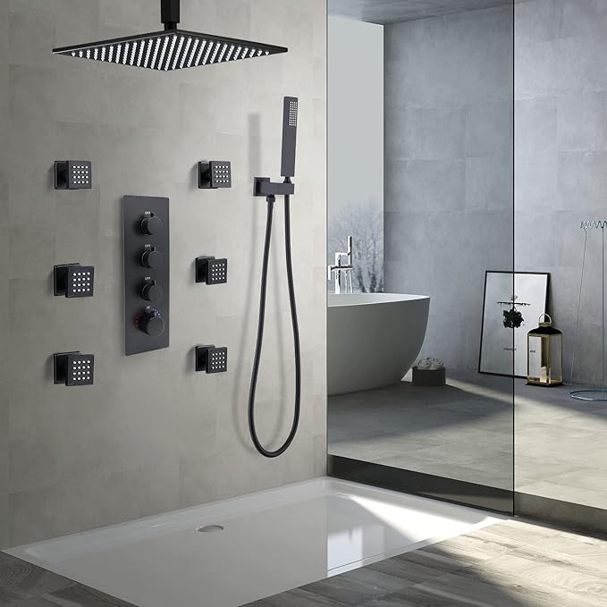 HOMEDEC Brass Square Shower Body Spray Jets Head (Matte Black, 6pcs)