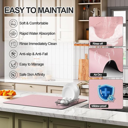 Ecotrim - Dish Drying Mat for Kitchen Counter | Coffee Bar Mat for Countertops | Heat Resistant Drainer Mat with Non-slip Rubber Backed | Hide Stain Kitchen Absorbent Draining Mat | Pink 16"x24"