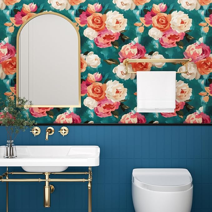 Watercolor Floral Wallpaper Peel and Stick, Blue and Pink Rose Flower Contact Paper Removable Waterproof Self-Adhesive Wall Paper for Bedroom Countertop Desk Cabinets Decor 17.4" x 78" Renter Friendly