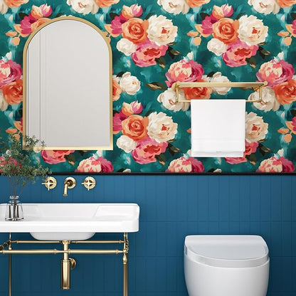 Watercolor Floral Wallpaper Peel and Stick, Blue and Pink Rose Flower Contact Paper Removable Waterproof Self-Adhesive Wall Paper for Bedroom Countertop Desk Cabinets Decor 17.4" x 78" Renter Friendly