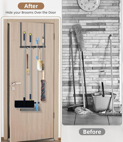 Broom Holder Over The Door-304 Stainless Steel Mop and Broom Holder Wall Mounted or Hanging Over The Door with Hooks - Broom Hanger, Tool Organizer for Garage Closet Laundry Kitchen-Space grey