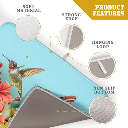 Kawani Spring Hummingbirds Floral Dish Drying Mat for Kitchen Counter 18x24 In Spring Hibiscus Tropical Drying Mat Fast Dry Absorbent Microfiber Dish Drainer Rack Pad Flower Mat for Countertop Decor
