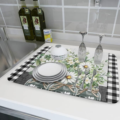 Spring Daisy Floral Dish Drying Mat for Kitchen Counter Watercolor Flowers Absorbent Dishes Drainer Rack Mat 18x24 Inch Microfiber Dish Drying Pads Spring Kitchen Drying Dishes Pad for Countertops