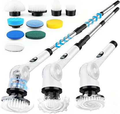 Electric Spin Scrubber, 3-Speed Cordless Shower Scrubber with 90° Adjustable & 10 Replaceable Brush Heads, 90 Mins Runtime & Full-Body IPX7 Waterproof Shower Cleaner Brush with Long Handle