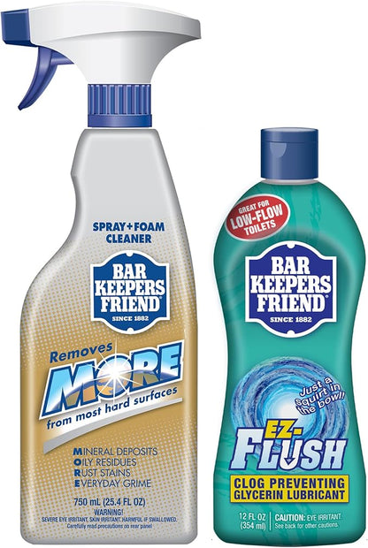 Bar Keepers Friend MORE Spray + Foam Multipurpose Cleaner (25.4 oz) for Shower, Tile, Rust Stains, Hard Water, Soap Scum & EZ-Flush Toilet Bowl Flushing Aid (12 oz) to Help Prevent Clogged Toilets