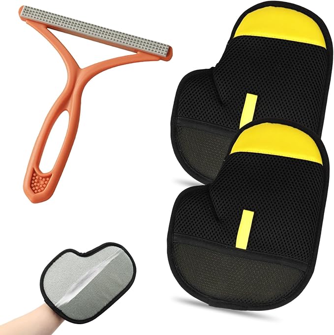 Pet Hair Removal Glove for Cats & Dogs,Upgraded Reusable Electrostatic Pet Hair Glove,Hair Remover(2 Pack Glove,1Red Lint Scraper) for Clothing,Bed,Carpet,Not for Use on Pets Direct.