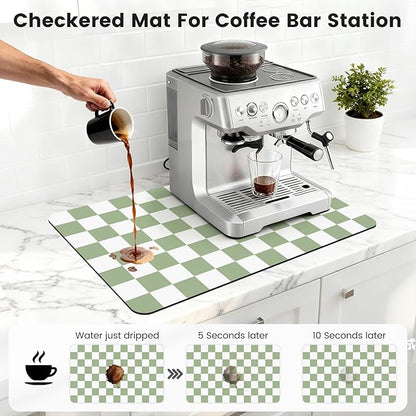 12" x 20" Checkered Dish Drying Mat for Kitchen Counter, Absorbent Coffee Bar Mat for Espresso Machine Coffee Countertops Accessories (Green)