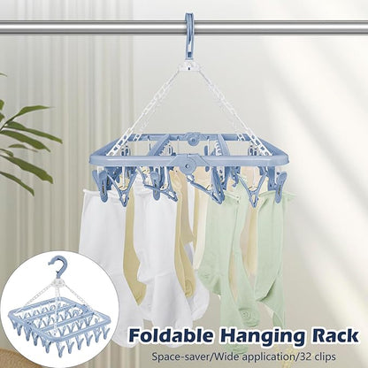 Aolloa Clothes Drying Rack with 32 Clothespins, Bule Foldable Hanging Drying Racks, 360° Rotatable Hook for Drying Towels Bras Baby Clothes Gloves Plastic, Clothes Drying Foldable-Bule