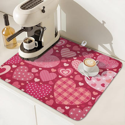 Valentine's Day Dish Drying Mat 16 x 18 Inch Heart Shaped Pattern Dish Drying Pad Absorbent Microfiber Mats for Red Dish Rack Pad for Kitchen Counter Coffee Bar Decor
