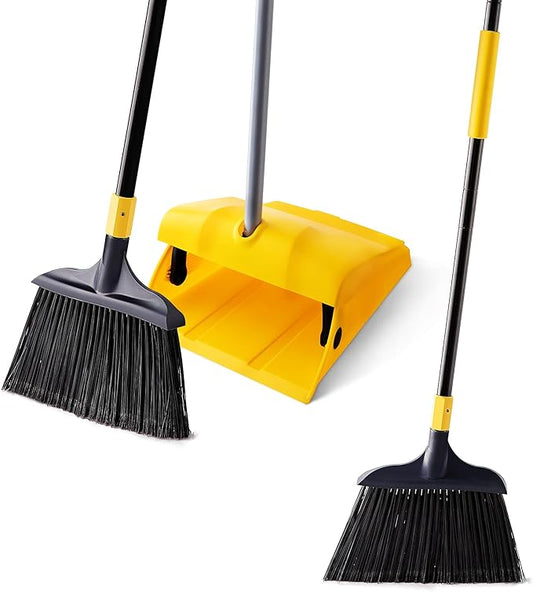 Yocada Commercial Broom and Dustpan Set with Windproof Cover Commercial Outdoor Indoor 2 Plus 1 for Courtyard Garage Lobby Mall Market Floor Home Kitchen Room Office Pet Hair Rubbish