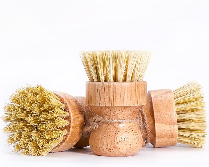 Bamboo Dish Brush Scrubber 3 Pack for Cleaning Pot Pans Hanging Rope Kitchen Dishwashing