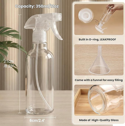 Glass Spray Bottles 12oz Empty Spray Bottle Mist/Stream Spraying Small Refillable Containers for Hair Care, Cleaning Solutions, Plants, Essential Oils 2 Pack (Clear, 12oz)