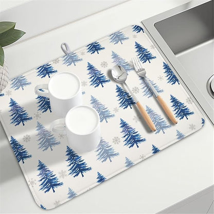 Winter Dish Drying Mat 18 x 24 Inch Blue Tree Dish Drying Pad Absorbent Microfiber Mats for Snowflake Dish Rack Pad for Holiday Kitchen Counter Coffee Bar Decor