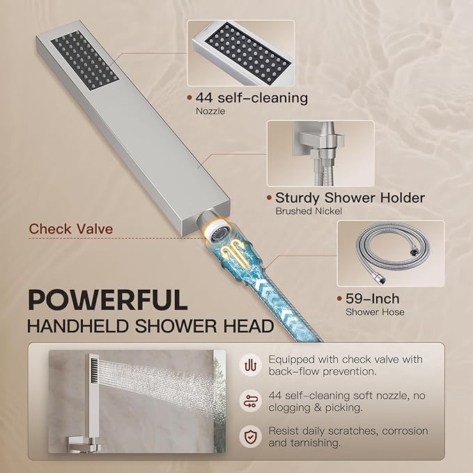 Shower System, Shower Faucet Set with 3 In 1 Push Button Valve, Shower Faucet included 10" Ceiling Shower Head and 8" Wall-Mount Shower Head with Handheld Spray, Brushed Nickel