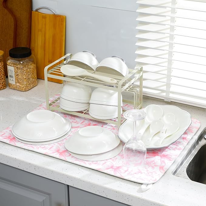 SiliFine 2 Pcs Large Coquette Pink Bow Dish Drying Mat Large for Kitchen, 18 X 24 Inch Bow Absorbent Microfiber Coffee Bar Pad for Women Counter Kitchen Home Accessories Party Gifts