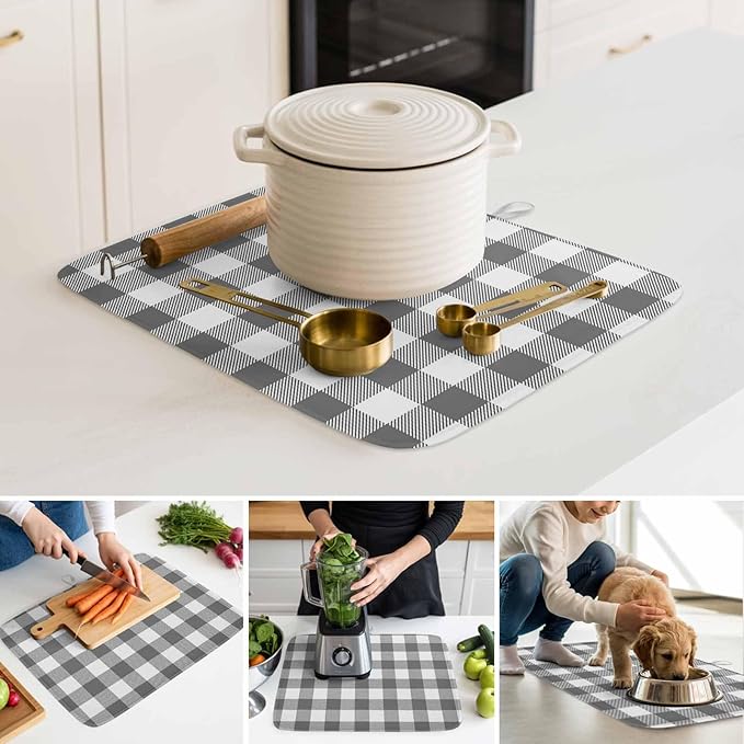 Dish Drying Mat Gray Buffalo Check Plaid Drying Mats for Kitchen Counter Farmhouse Style Absorbent Microfiber Dish Drainer Quick Drying Coffee Mat with Hanging Loop, 18 x24 inch