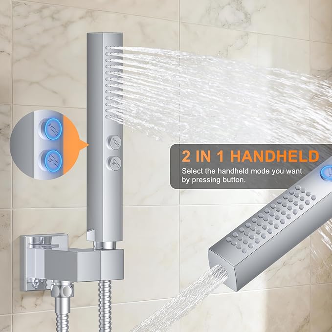 Chrome Shower System with Tub Spout, Ceiling Mounted Bathtub Shower Faucet Set, 12" Rainfall Shower Head and Handheld Shower Combo, High Pressure Shower Fixtures Set with Rough-in Valve