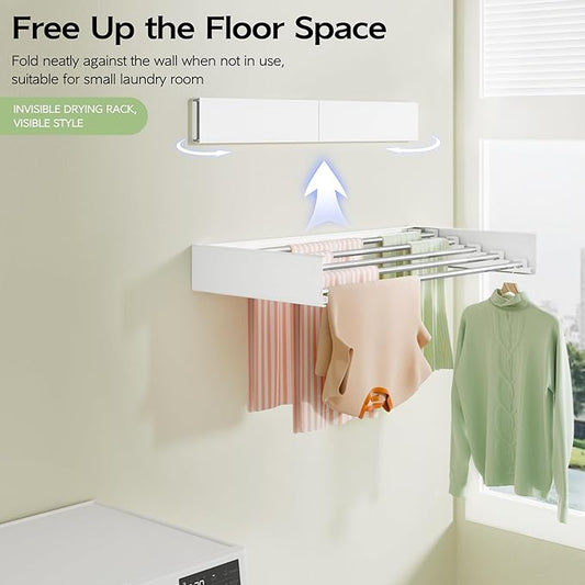 Wall Mounted Clothes Drying Rack 32", Foldable Wall Mount Laundry Rack Folding Indoor, Drying Rack Clothing Collapsible, Hidden Space Saver with Wall Template, 5 Rods, White