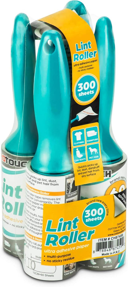 DecorRack Lint Rollers with Extra Refill, Pet Hair Remover, 300 Extra Sticky Sheets, 4 Lint Rollers Dog & Cat Hair Removal, Lint, Dust from Clothes, Furniture and More (5 Pieces)