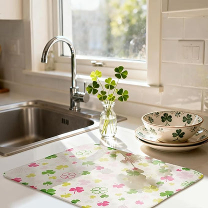 St Patrick's Day Dish Drying Mat, Ultra Absorbent St Patrick's Day Drying Mat for Kitchen Counter, Coffee Maker, 18 x 24 Inch