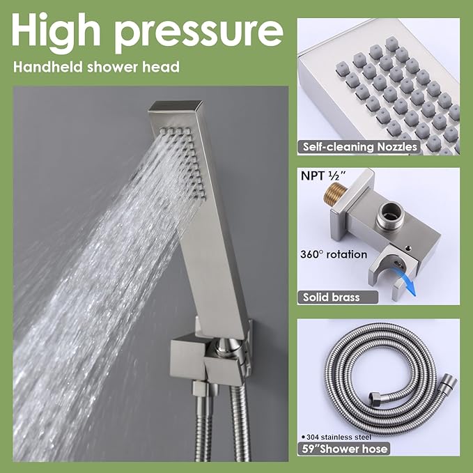 Enga Full Body Shower System with Body Sprays Jets, 12 Inch Rain Shower Wall Mounted, All Metal Multiple Shower Head System, Contain Rough-in Shower Valve, Brushed Nickel
