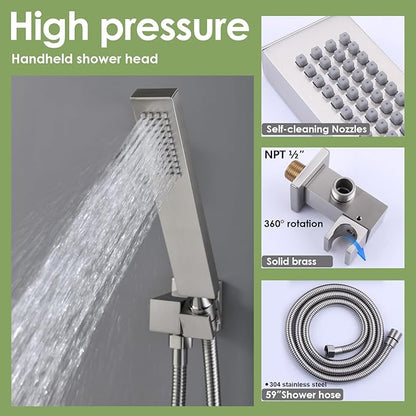 Enga Dual Shower Head Shower System with Body Jets, 12" Ceiling Mounted Rain Shower Head & 6" Wall Mounted Head Full Body Rainfall Shower Faucet with Valve Kit, Brushed Nickel