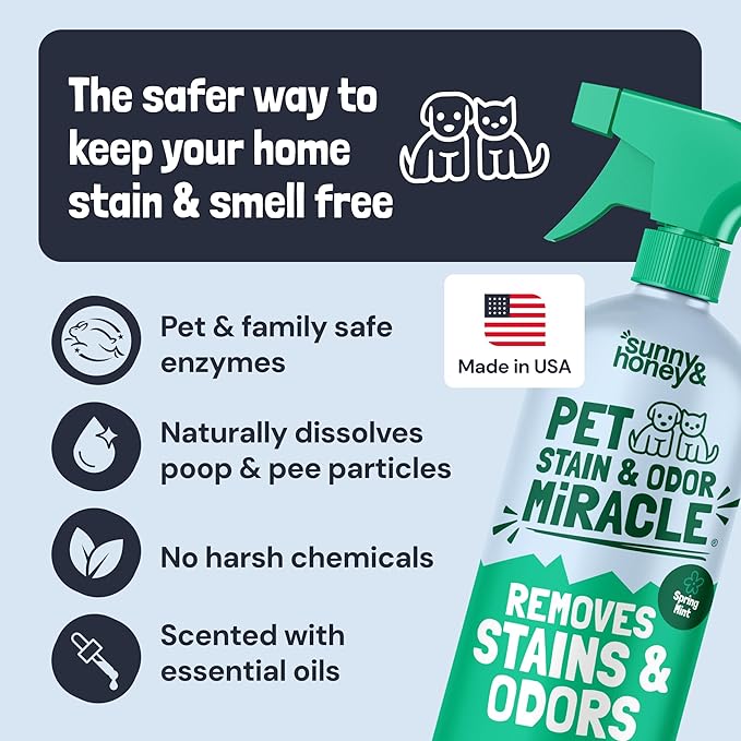 Sunny & Honey Pet Stain and Odor Remover - Enzyme Cleaner for Dog Urine and Poop on Carpets and Furniture - Strong Pet Carpet Cleaner Spray (32fl oz Mint)