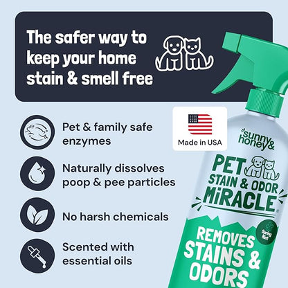 Sunny & Honey Pet Stain and Odor Remover - Enzyme Cleaner for Dog Urine and Poop on Carpets and Furniture - Strong Pet Carpet Cleaner Spray (32fl oz Mint)