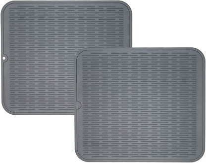 ZLR 2 Pcs Large Silicone Dish Drying Mat (16" x 18") - XL Heavy Duty Drainboard Mat for Pots, Pans & Family Loads - Heat Resistant Trivet & Counter Protector, Easy Clean (Dark Gray)