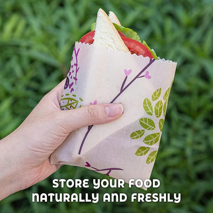 Akeeko Reusable Beeswax Food Wraps - Assorted 9 Packs, Reusable, Plastic-Free Food Storage, 5 Small, 2 Medium, 1 Large, 1 Extra Large Wraps with Plants and Boho Birds Pattern
