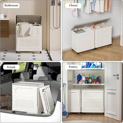 HAIXIN HOME Slim Rolling Laundry Hamper with Lid, 60L Foldable Plastic Laundry Basket on Wheels with Handle, Dirty Clothes Hamper Cart for Narrow Spaces, Bedroom, Bathroom, Closet, Dorm, Under Table