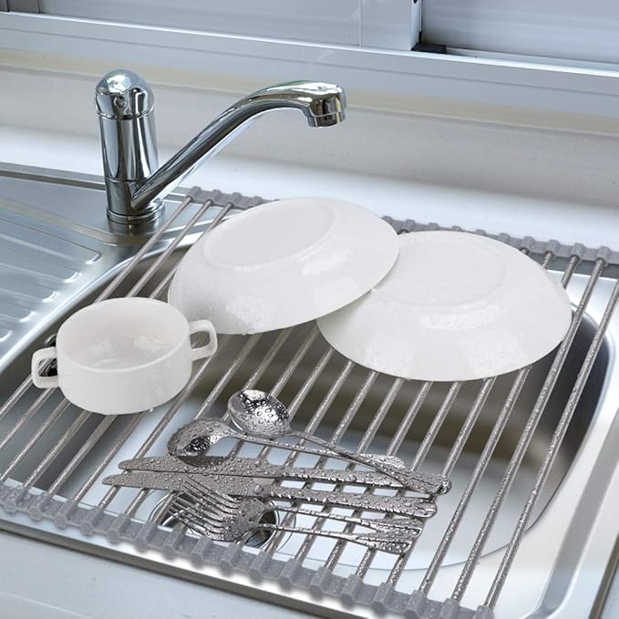 Hhyn Roll Up Dish Drying Rack Over The Sink 17.7"(L) x 15.6"(W), Multipurpose Foldable Stainless Steel Kitchen Rollable Drainer Rack, Gray