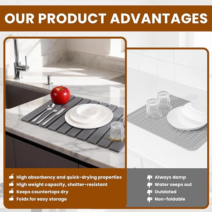 2 Pack Stone Drying Mat for Kitchen Counter, Large Diatomaceous Earth Dish Drying Pads 24"x16", Ultra Absorbent Quick Dry Foldable Mats for Dishes Cups, Matches Any Countertop