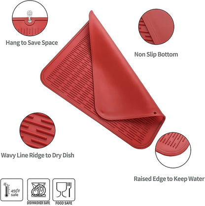 MicoYang Silicone Dish Drying Mat for Multiple Usage,Easy clean,Eco-friendly,Heat-resistant Silicone Mat for Kitchen Counter or Sink,Refrigerator or Drawer Liner Red XL 18 inches x 16 inches