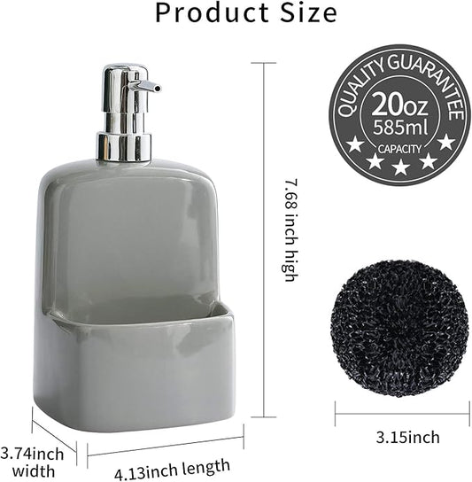 Dish Soap Dispenser - Kitchen Soap Dispenser with Sponge Holder Matte Ceramic Soap Daddy Dispenser 20oz for Kitchen (Grey)