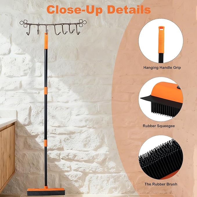 Rubber Broom and Carpet Rake for Pet Hair Removal, 49 Inch Three Section Stainless Steel Pole, Hair Removal Tool, Pet Broom and Rubber Putty, Suitable for Blankets, Hardwood Floors, Ceramic Tiles