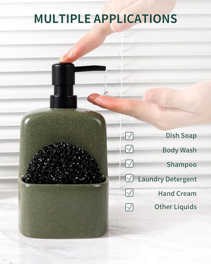BosilunLife Dish Soap Dispenser - Matte Green Ceramic Kitchen Soap Dispenser with Sponge Holder Matte Ceramic Soap Daddy Dispenser 20oz for Kitchen Soap Pump and Sponges Caddy
