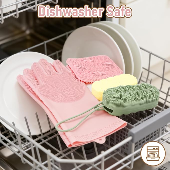 Silicone Sponge 3 Pack Dish Scrubber Sponges Pad Reusable & Long Lasting, Silicone Kitchen Scrubber with Sponge, Non-Scratch Dishwashing Gloves with Bristles for Fruits Vegetables House Cleaning Pink