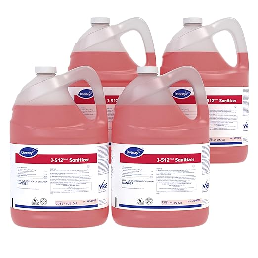 Diversey 5756018 J-512 Sanitizer, Food Contact Sanitizing Liquid for Dishes, Equipment & Utensils, No Fragrance Added, For Home & Commercial Use, Concentrate, 1-Gallon (Pack of 4)