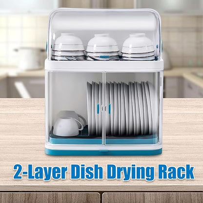 2-Layer Kitchen Dish Rack Drain Bowl Cup Plate Dish Drying Drainer with Cover