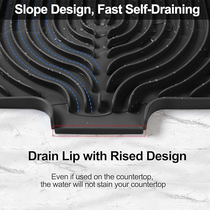 Dish Drying Mat for Kitchen Counter, with Built-in Drain Lip, Food-Grade Silicone, Easy Clean Pad for Countertop Protection, Multi-Functional Use (18x11.8, Black)