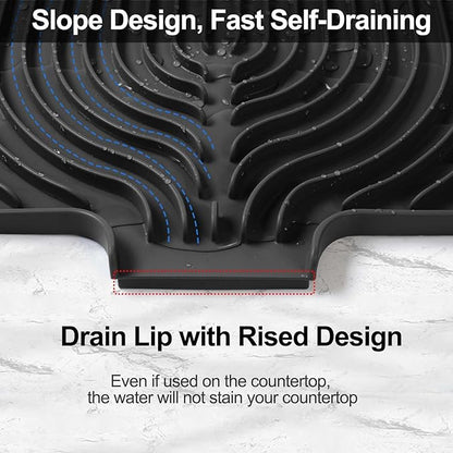 Dish Drying Mat for Kitchen Counter, with Built-in Drain Lip, Food-Grade Silicone, Easy Clean Pad for Countertop Protection, Multi-Functional Use (18x11.8, Black)