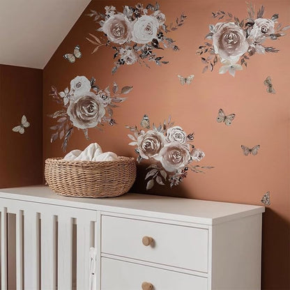Fabric Peel and Stick Floral Wall Decal, Self-Adhesive Peony Flowers Wallpaper, Rose Sticker for Mother's Day, Mocha Peony