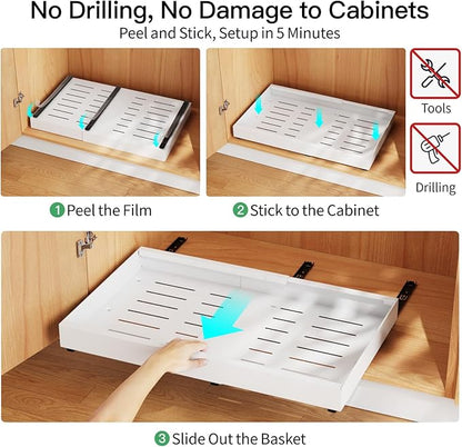 iSPECLE No Drill Drawers for Cabinets - Expandable Peel and Stick Pull Out Cabinet Organizer Easily Get Items without Digging in the Cabinet