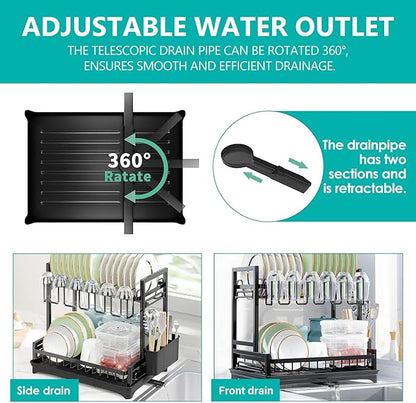 2-Tier Dish Drying Rack for Kitchen Counter, Dish Drainer Dish/Cup/Cutlery Holder Dish Drainer Rack 2 Tier Dish Racks with Utensils Holder, Drainboard & 360° Telescopic Drain Pipe (Black)