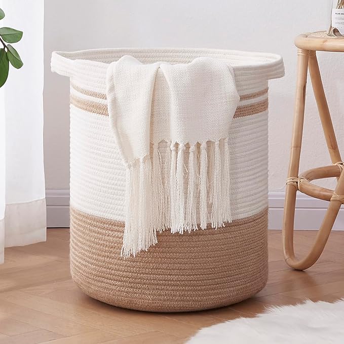 OIAHOMY Laundry Basket- Rope Basket Large Storage Basket with Handles,Modern Decorative Woven Basket for Living Room,Storage Baskets for Toys, Throws, Pillows,and Towels -18"×16"-White&Yellow