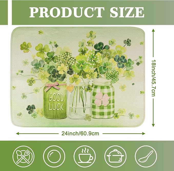 St Patrick's Day Dish Drying Mat, Ultra Absorbent St Patrick's Day Drying Mat for Kitchen Counter, Coffee Maker, 18 x 24 Inch