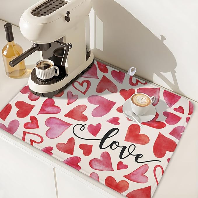 Valentine's Day Dish Drying Mat 18 x 24 Inch Heart Shaped Dish Drying Pad Absorbent Microfiber Mats for Red and Pink Dish Rack Pad for Kitchen Counter Coffee Bar Decor