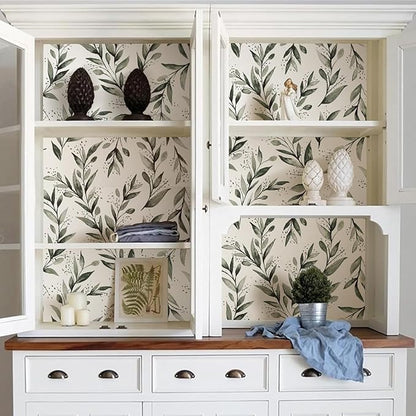 Livebor Olive Leaf Wallpaper Peel and Stick Leaf Contact Paper 17.7inch x 78.7inch Sage Green Peel and Stick Wallpaper Modern Farmhouse Wall Paper Neutral Removable Self Adhesive Decorative Vinyl